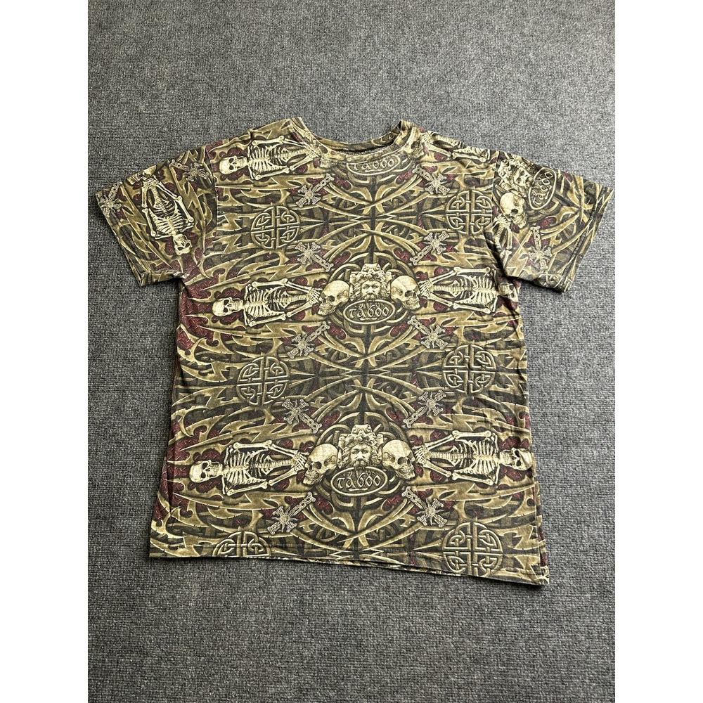 Men's 90s Skull Skeleton Tattoo All Over Print T-Shirt Made in USA, Size 2XL